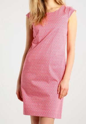 Fitted pink dress with a subtle diamond pattern, cap sleeves, and smooth texture. Knee-length design, no visible hardware or embellishments.
