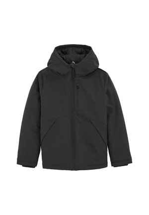 Schwarze isolierte Jacke mit Kapuze. Verfügt über einen Frontreißverschluss, elastische Bündchen und schräge Nähte für ein modernes Design. Glatte Textur.