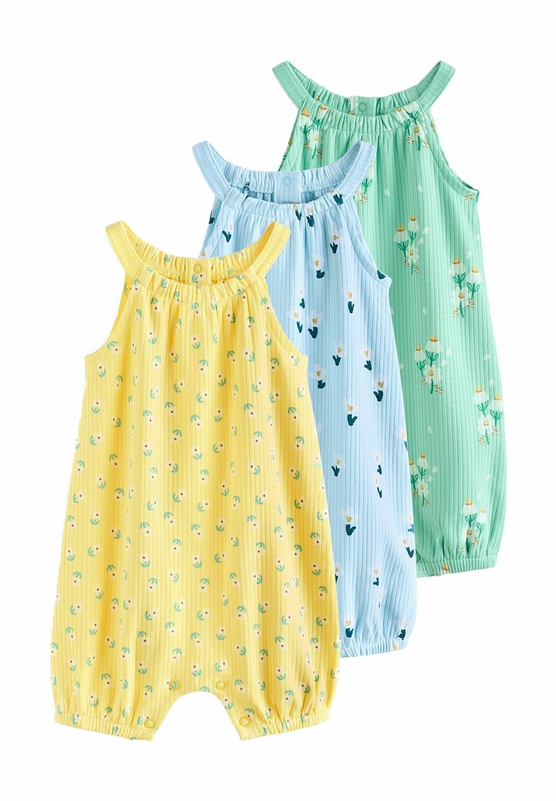 Tre ærmeløse playsuits i gul, blå og grøn med blomsterprint, ribbet tekstur og elastisk indsamling ved halsudskæringen og kanten.