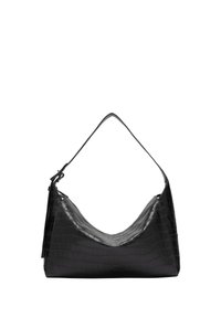 Sac en faux cuir noir présentant un motif crocodile, une silhouette incurvée, une seule bandoulière et une fermeture éclair. Texture lisse avec finition brillante.
