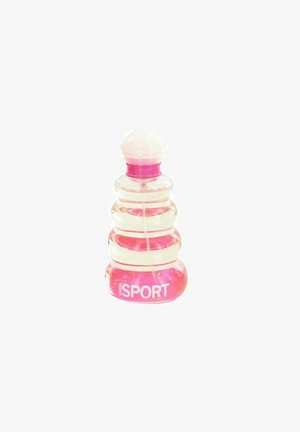 Kirkas muovinen pullo, jossa on kerrostettu muotoilu, vaaleanpunaiset yksityiskohdat ja valkoinen korkki. Etiketissä lukee "SPORT" isoilla kirjaimilla.