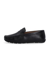 Sort læder mokkasinsko med rund tå, syninger på vampspidsen og gummisål. Glat tekstur, slip-on design.