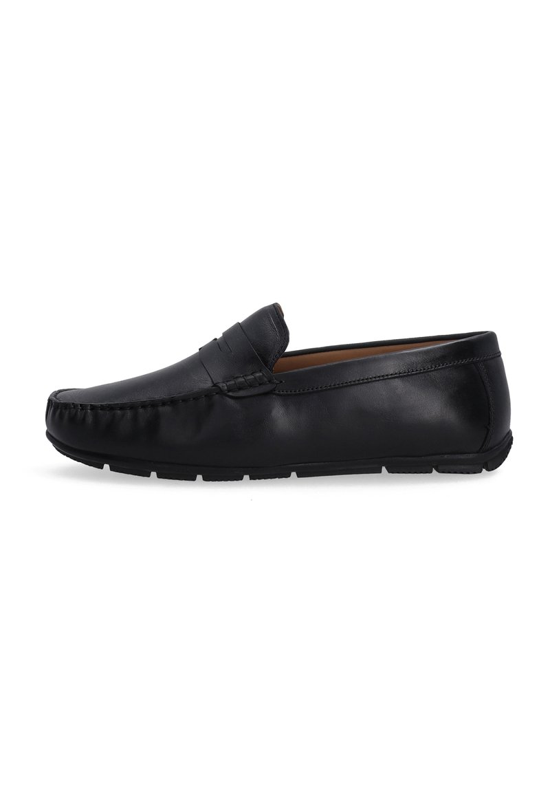 Sort læder mokkasinsko med rund tå, syninger på vampspidsen og gummisål. Glat tekstur, slip-on design.
