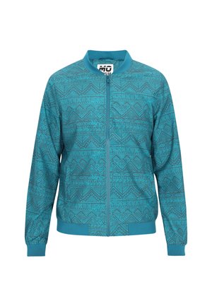 Teealte Bomberjacke mit geometrischem Muster, Reißverschluss vorne und gerippten Bündchen und Saum. Hergestellt aus glattem Stoff mit leichter Textur.