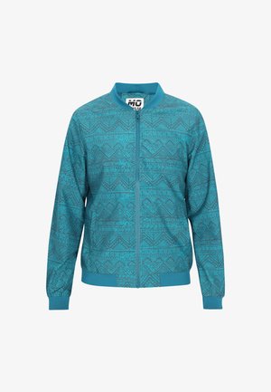 Teealte Bomberjacke mit geometrischem Muster, Reißverschluss vorne und gerippten Bündchen und Saum. Hergestellt aus glattem Stoff mit leichter Textur.