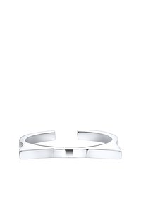Silverfärgad armbågsband med en polerad yta, som har en slank, öppen design och vinkelräta utskärningar i varje ände för ett modernt utseende.