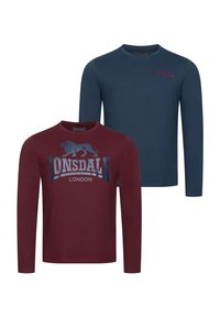 Two long-sleeve t-shirts: one in maroon with a lion logo and "LONSDALE LONDON" text, the other navy blue, both in soft cotton fabric.