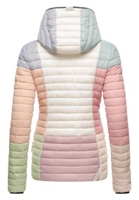 Padded jacket features a multicolored design in pastel shades, with a hood, vertical stitches, and a slight sheen.