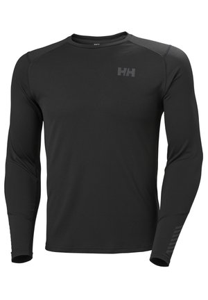 Zwarte lange mouwen sportshirt met een textuurafwerking, ronde halslijn en een subtiele logo op de borst met gestreepte accenten op de mouwen.