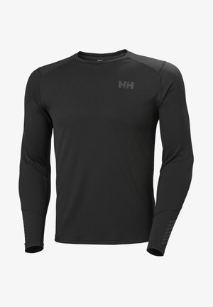 Black long-sleeve athletic shirt featuring a textured finish, round neckline, and a subtle logo on the chest with striped accents on the sleeves.