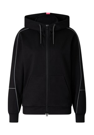 Black full-zip hoodie with front pockets, drawstring hood, and thin white piping along sleeves and shoulder seams.