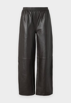 Black leather wide-leg pants with elastic waistband, textured finish, and vertical seam detailing, offering a relaxed fit.