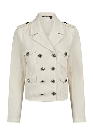 Cream double-breasted jacket with silver buttons, four flap pockets, epaulets on shoulders, and a wide collar, labeled Marc Aurel.