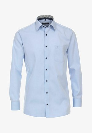 Himmelblaues, langärmeliges Hemd aus glattem Stoff. Verfügt über eine Knopfleiste mit schwarzen Knöpfen und einen gemusterten Innenkragen. Moderater Schnitt.