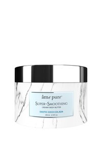 Creamy body butter in a 200ml white jar with black marble pattern and silver lid. Label features blue accents and text detailing product name.
