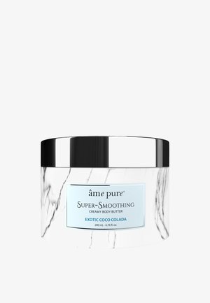 Kremet kroppssmør i en 200ml hvit krukke med svart marmor mønster og sølv lokk. Etiketten har blå detaljer og tekst som beskriver produktnavnet.