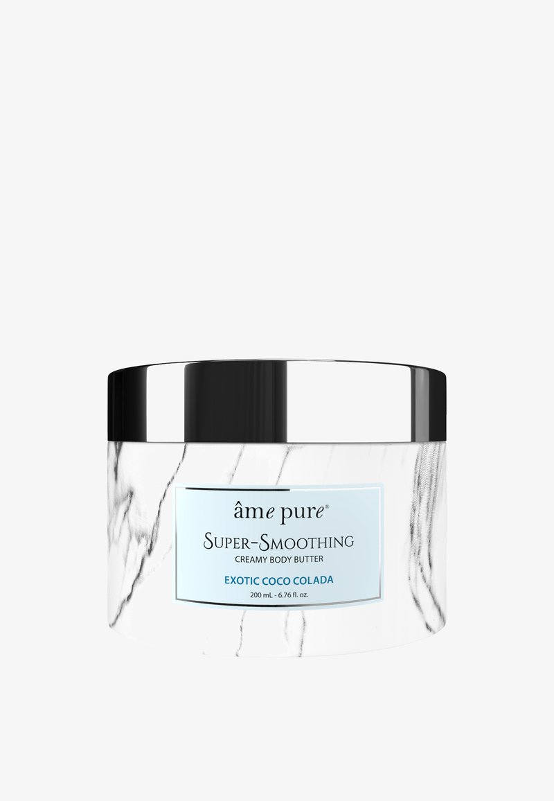 Creamy body butter in a 200ml white jar with black marble pattern and silver lid. Label features blue accents and text detailing product name.