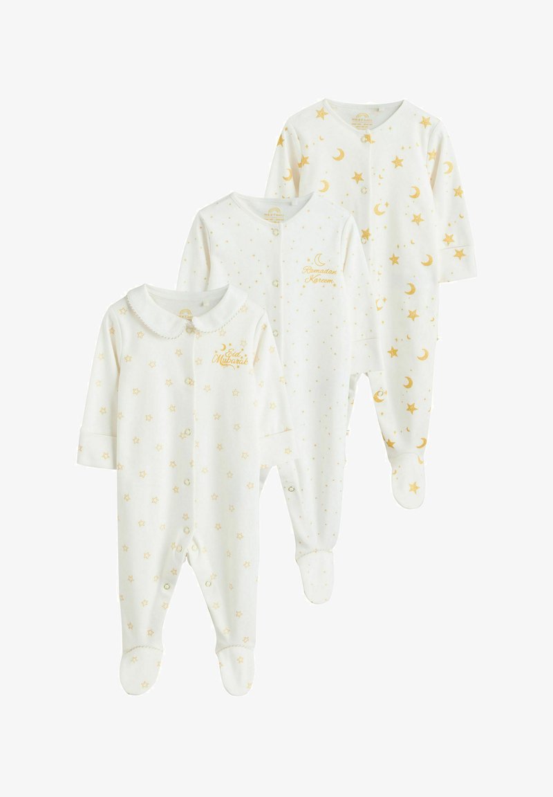 Drei weiße Baby-Strampler mit goldenen Stern- und Mondmustern, jeweils mit unterschiedlicher Textstickerei zu Ramadan- und Eid-Feiern.