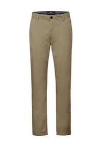 Beige cotton chinos with a straight cut, front pockets, a single button closure, and a smooth texture. Features a waistband label.