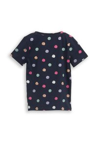 Navy blauwe T-shirt met korte mouwen en een meerkleurig abstract stippenpatroon. Zachte stof met ronde hals en een relaxte pasvorm.