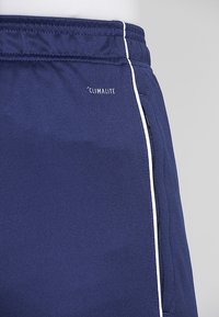 Närbild av marinblå sportshorts med vit sidopiping och "CLIMALITE"-logotyp nära midjan, båda bärs av en mannekäng med en vit topp.