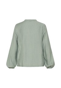Grün gestreifte, langärmlige Bluse mit lockerer Passform, die einen Kragen, elastische Bündchen und einen weichen, strukturierten Stoff hat.