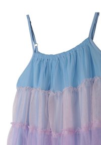 Robe sans manches bleu clair avec des volants en tulle superposés dans des tons de rose, dotée d'un col élastiqué et de bretelles réglables.