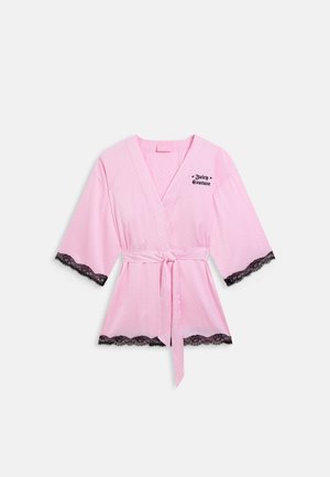 Pink satin robe with black lace trim on sleeves and hem, tied waist belt, and "Juicy Couture" logo on left chest.
