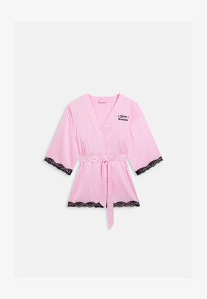 Pink satin robe with black lace trim on sleeves and hem, tied waist belt, and "Juicy Couture" logo on left chest.