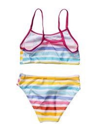 Stribet bikini sæt med en pastel farvepalet i lys blå, pink, gul og lilla striber; inkluderer en crop top med pink kant.