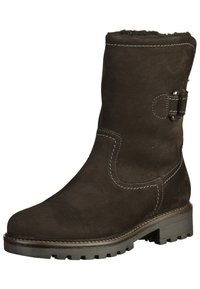 Stivale alla caviglia in suede nero con punta arrotondata, cuciture decorative, dettaglio con fibbia laterale e suola robusta per una migliore aderenza.