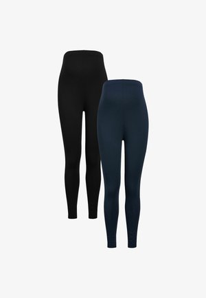 Két külön pár leggings: az egyik fekete, a másik sötétkék. Mindkettő magas derekú, sima felületű és testhezálló fazonú. Nincs látható minta vagy hardver.