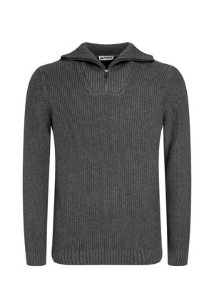 Grauer Strickpullover mit hohem Kragen, Viertelreißverschluss und gerippter Struktur. Mit langen Ärmeln und lockerer Passform.