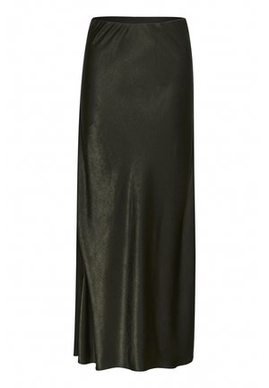 Jupe longue en satin vert foncé avec une texture lisse, taille élastique et fente latérale pour faciliter le mouvement. Design minimaliste.