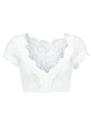 Top corto in pizzo bianco caratterizzato da una scollatura a V profonda, maniche corte e motivi floreali con bordi scallop, che evidenziano un delicato design testurizzato.