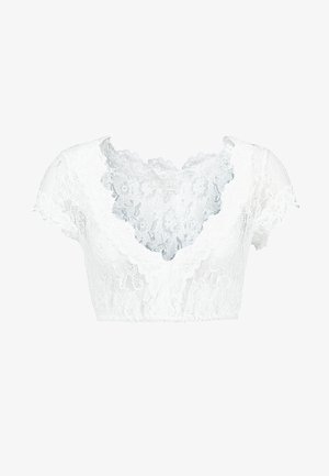 Witte kant crop top met een diepe V-hals, korte mouwen en bloemenpatronen met scalloped randen, die een delicate textuurontwerp benadrukt.