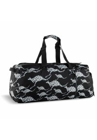 Black duffel bag with a running animal pattern in gray and white. Features sturdy handles and a zippered front pocket. Textured fabric.