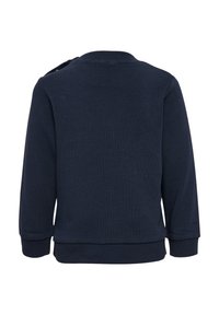 Sweatshirt bleu marine en coton doux, avec un col et des poignets côtelés, de design simple sans motifs ni détails matériels visibles.