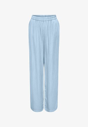 Lyseblå vide bukser laget av myk stoff, med elastisk midje og glatt tekstur, som faller rett ned fra hoftene.