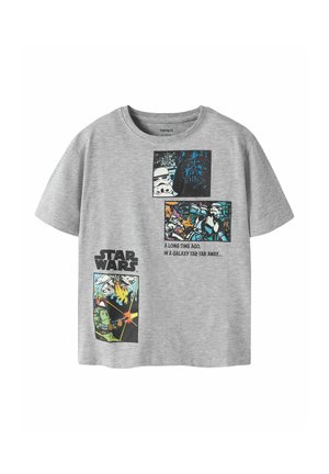 Grå kortermet t-skjorte med tre fargerike Star Wars tegneseriestil paneler med Darth Vader, Stormtroopers og et romslag med tekst "A long time ago."