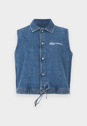 Vesta albastră din denim fără mâneci, cu nasturi în partea din față, guler, tiv cu șnur și logo alb "Karl Lagerfeld Jeans" pe pieptul stâng.