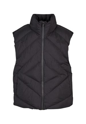 Fekete puffos mellény magas gallérral, elülső cipzárral és átlósan steppelt mintázattal. Texturált anyag, ujjatlan kialakítással, amely szigetelést biztosít.