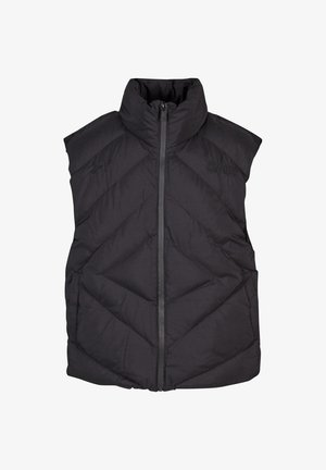 Fekete puffos mellény magas gallérral, elülső cipzárral és átlósan steppelt mintázattal. Texturált anyag, ujjatlan kialakítással, amely szigetelést biztosít.