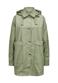 Hellgrüne, kapuzenlose Jacke in lässiger Passform, mit Knopfverschluss, zwei Fronttaschen und flat stitching Details. Glattes, wasserabweisendes Material.