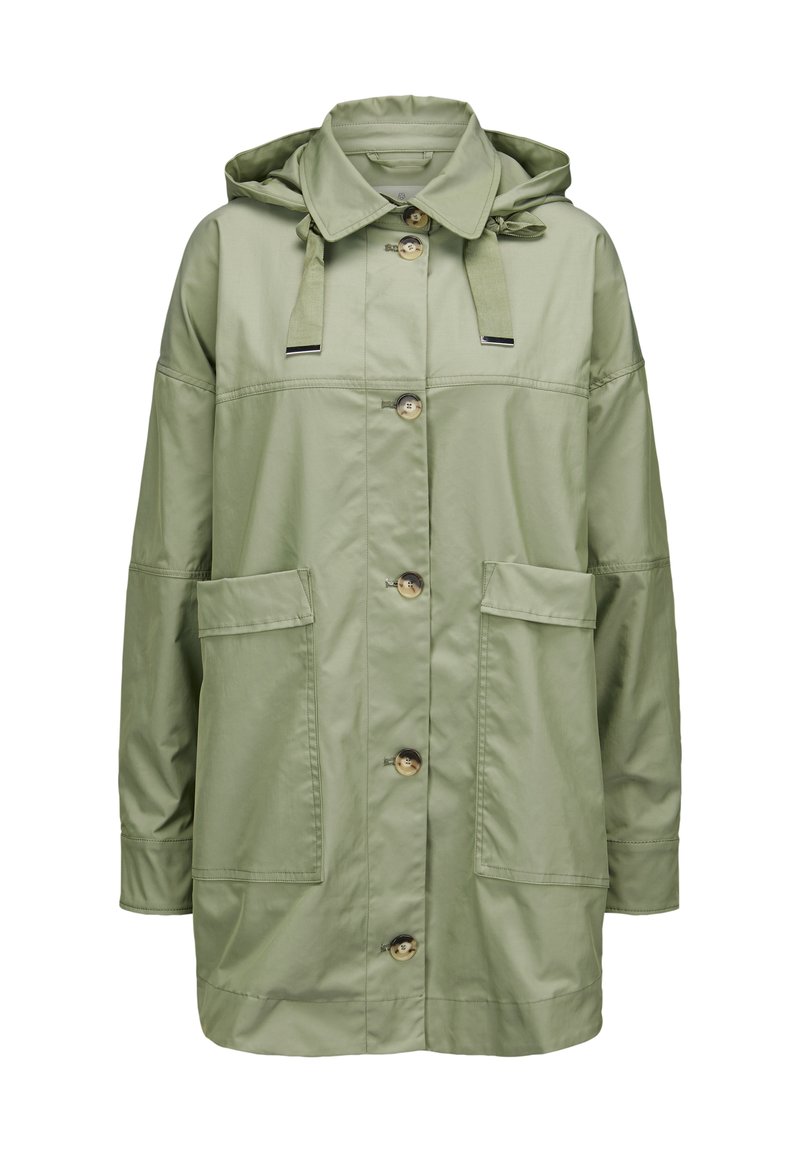 Hellgrüne, kapuzenlose Jacke in lässiger Passform, mit Knopfverschluss, zwei Fronttaschen und flat stitching Details. Glattes, wasserabweisendes Material.