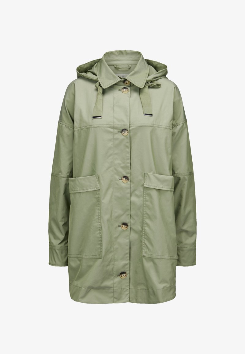 Hellgrüne, kapuzenlose Jacke in lässiger Passform, mit Knopfverschluss, zwei Fronttaschen und flat stitching Details. Glattes, wasserabweisendes Material.