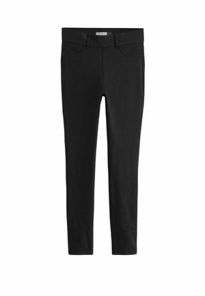 Pantalon skinny en coton noir avec cinq poches, passants de ceinture et texture lisse. Caractéristiques d'une coupe classique et d'un design à jambe droite.