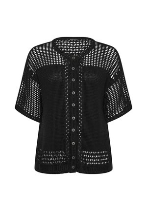 Schwarze, kurzärmelige Häkelstrickjacke mit rundem Ausschnitt, durchgehender Knopfleiste und offenem Strickmuster an Ärmeln und oberer Brust.