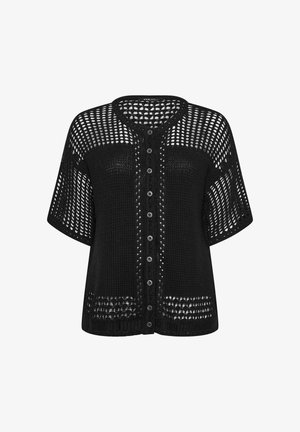 Cardigan noir en crochet à manches courtes avec col rond, fermeture à boutons sur le devant et motif ajouré sur les manches et le haut de la poitrine.