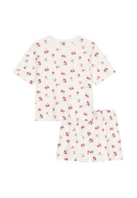 Katoenen slaapset met een T-shirt met korte mouwen en shorts, wit met een kersenprint in roze en groen. Zachte textuur, relaxed fit.